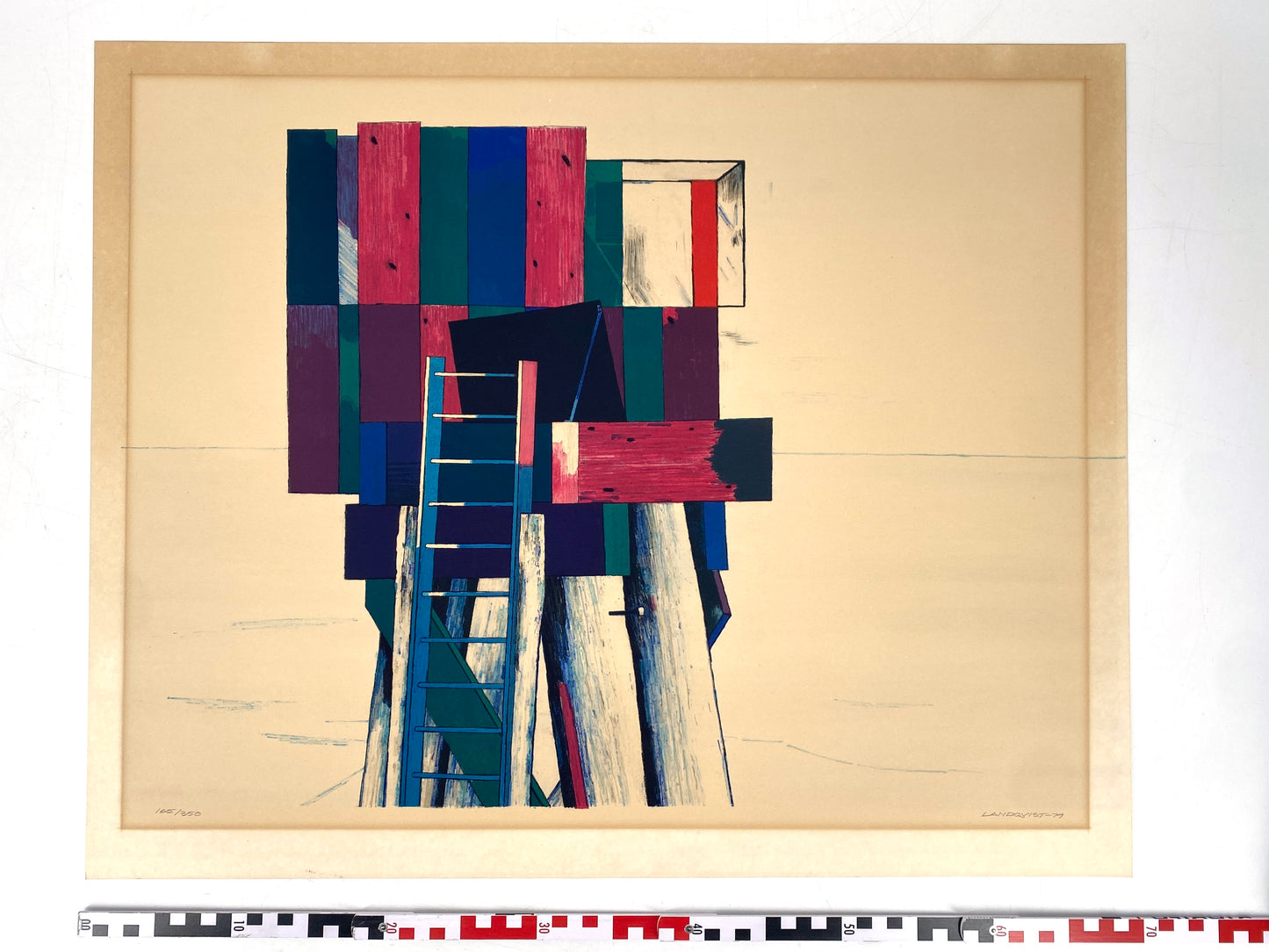 Originale Farblitografie von Lennart Landqvist. Abstrakter, illustrativer Stil in kräftigen Farben. Signiert, Nummeriert und datiert. Schweden, 1979.