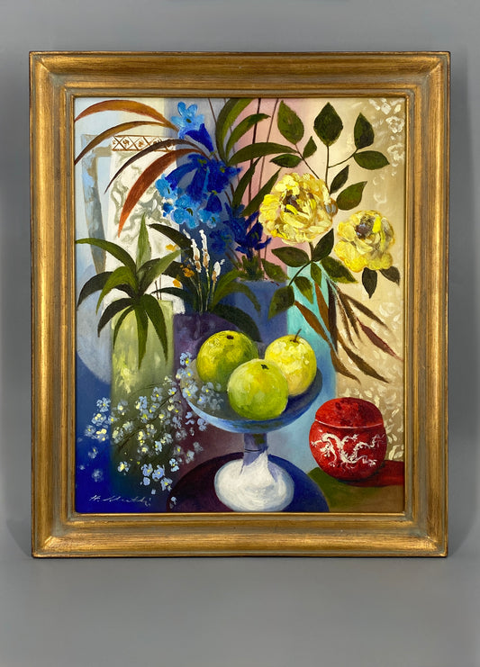 Farbenprächtiges Acrylgemälde "Stillleben" auf Leinwand von Hermann Muth (1930–2011)