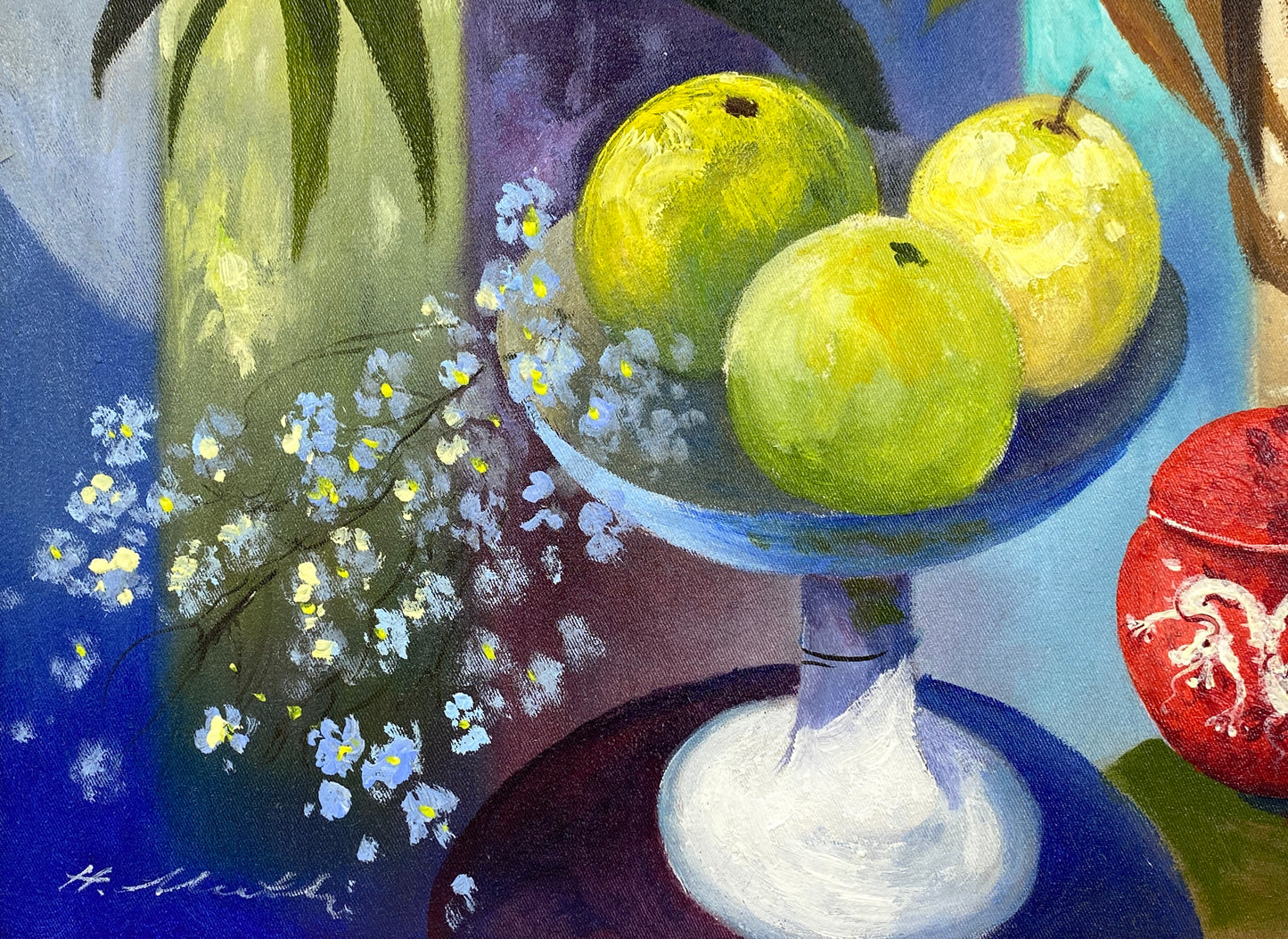 Farbenprächtiges Acrylgemälde "Stillleben" auf Leinwand von Hermann Muth (1930–2011)