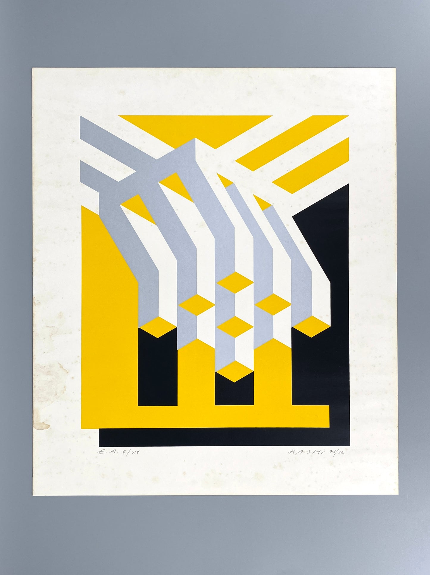 Dreifarbiger Siebdruck mit metallisch glänzender Silberfarbe von Otto Herbert Hajek (1927–2005), nummeriert und signiert, 1970