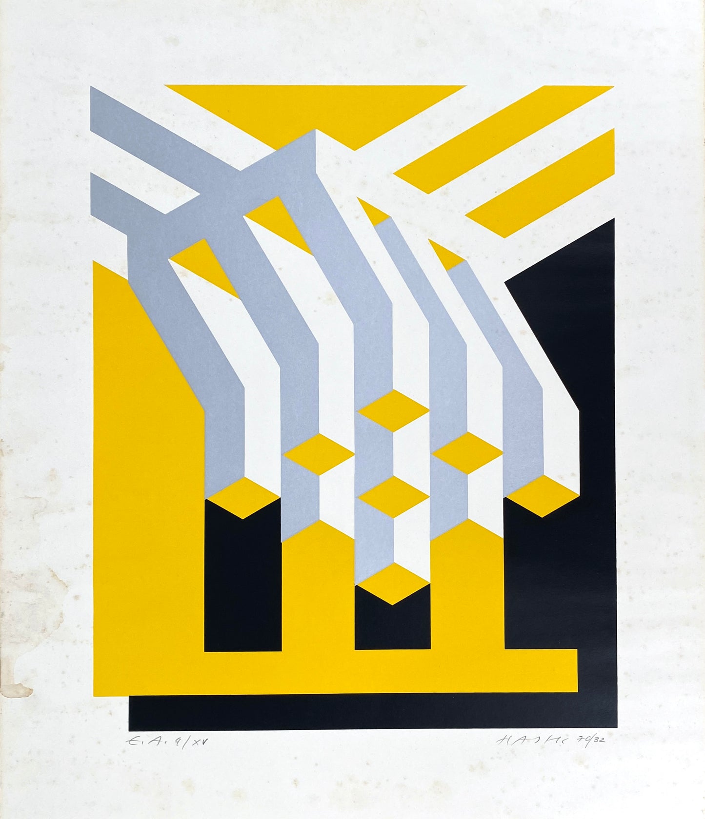 Dreifarbiger Siebdruck mit metallisch glänzender Silberfarbe von Otto Herbert Hajek (1927–2005), nummeriert und signiert, 1970