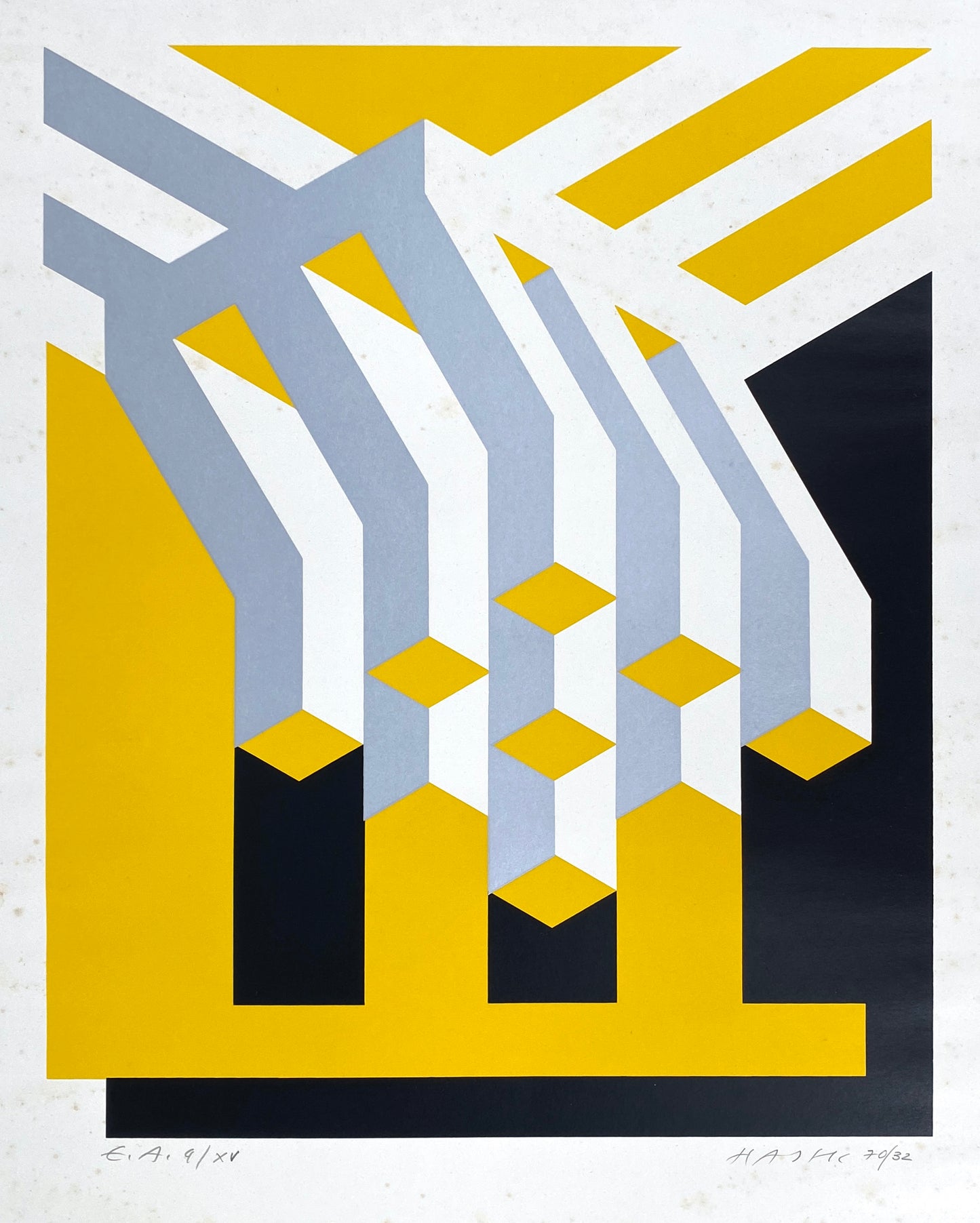Dreifarbiger Siebdruck mit metallisch glänzender Silberfarbe von Otto Herbert Hajek (1927–2005), nummeriert und signiert, 1970