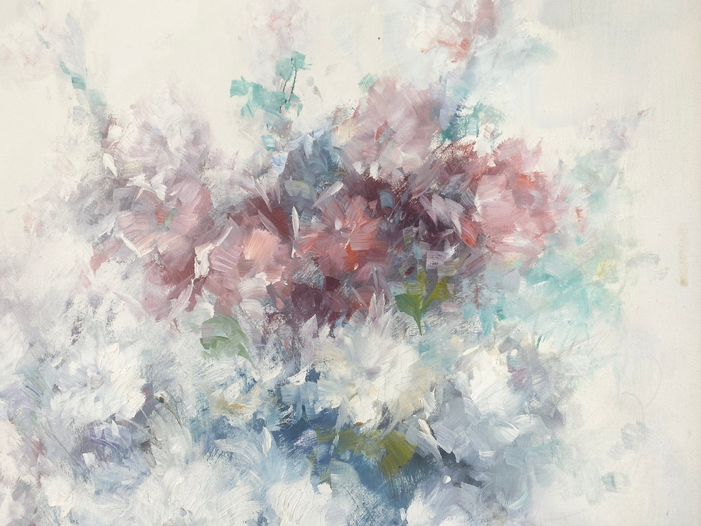 Ölgemälde von Ingfried Paul Henze-Morro: Weißes Stillleben mit Blumen-Motiv.