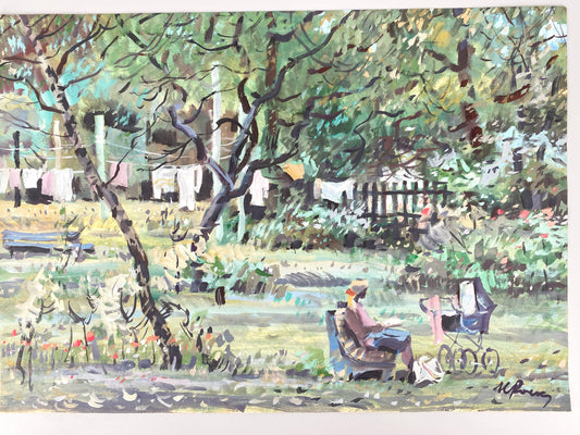 Frau mit Kinderwagen liest im Garten. Aquarell