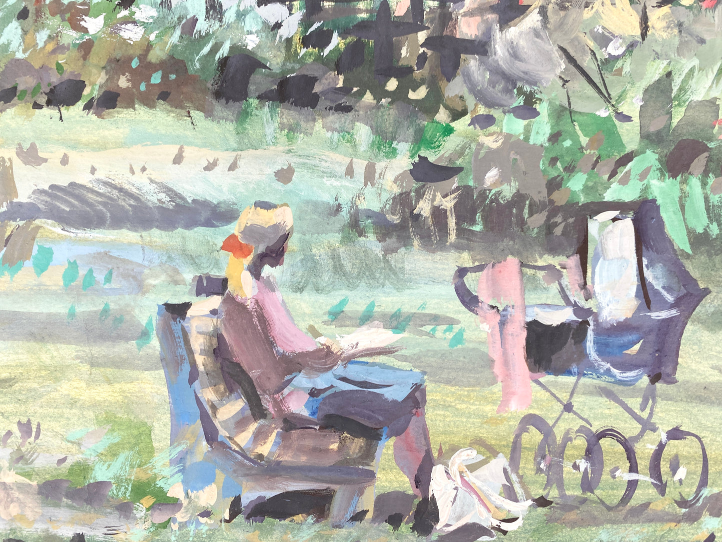 Frau mit Kinderwagen liest im Garten. Aquarell