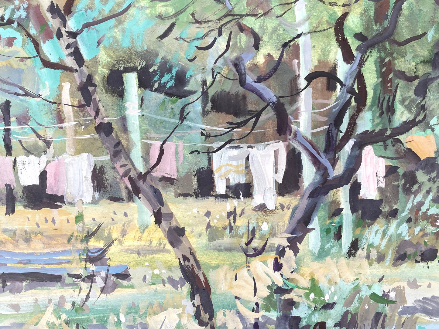 Frau mit Kinderwagen liest im Garten. Aquarell