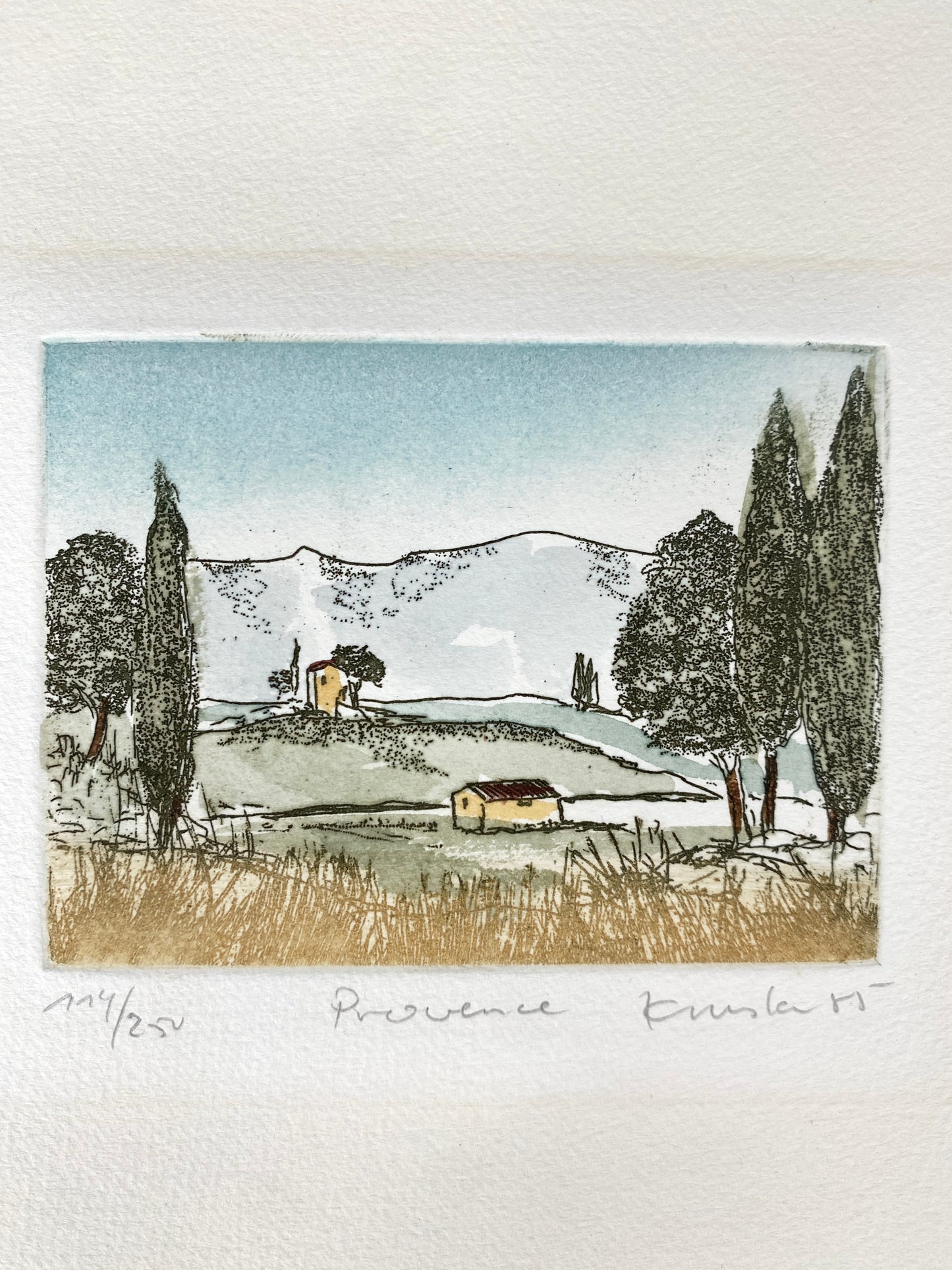 Ansicht der Provence, Frankreich. Kolorierte Radierung