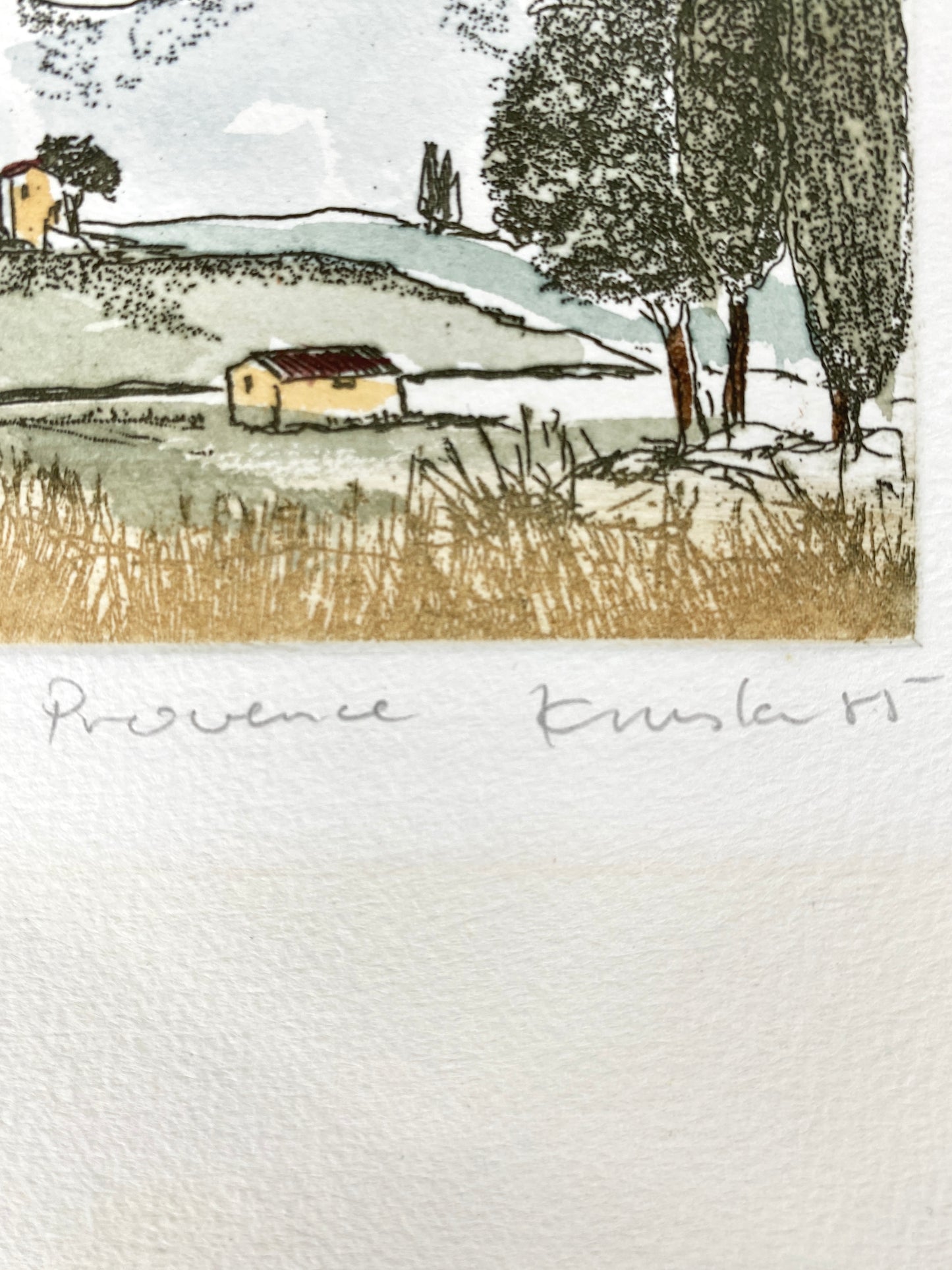 Ansicht der Provence, Frankreich. Kolorierte Radierung