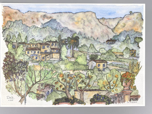 Deià, Mallorca. Offset-Druck eines Aquarells