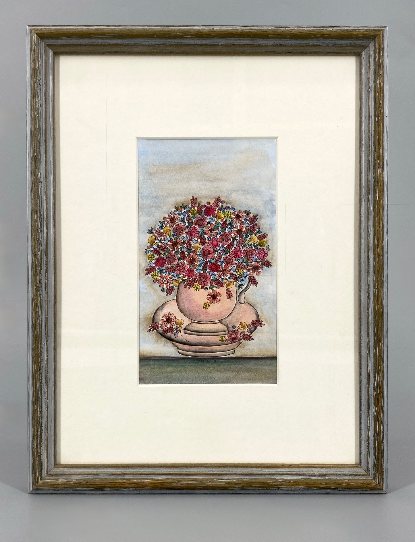 Gerahmtes Aquarellgemälde mit Tuschekonturen "Blumentässchen" von Hannelore Heise, 1996