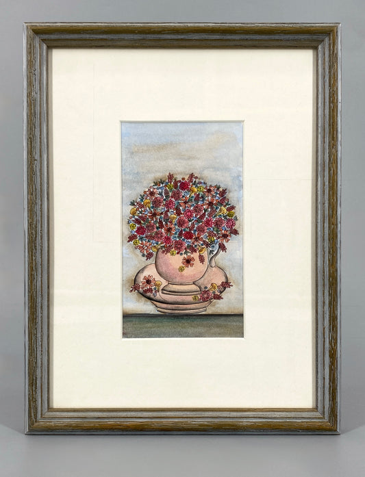 Gerahmtes Aquarellgemälde mit Tuschekonturen "Blumentässchen" von Hannelore Heise, 1996