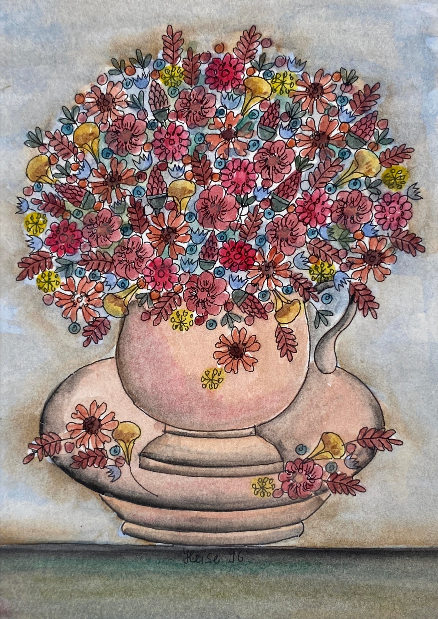 Gerahmtes Aquarellgemälde mit Tuschekonturen "Blumentässchen" von Hannelore Heise, 1996