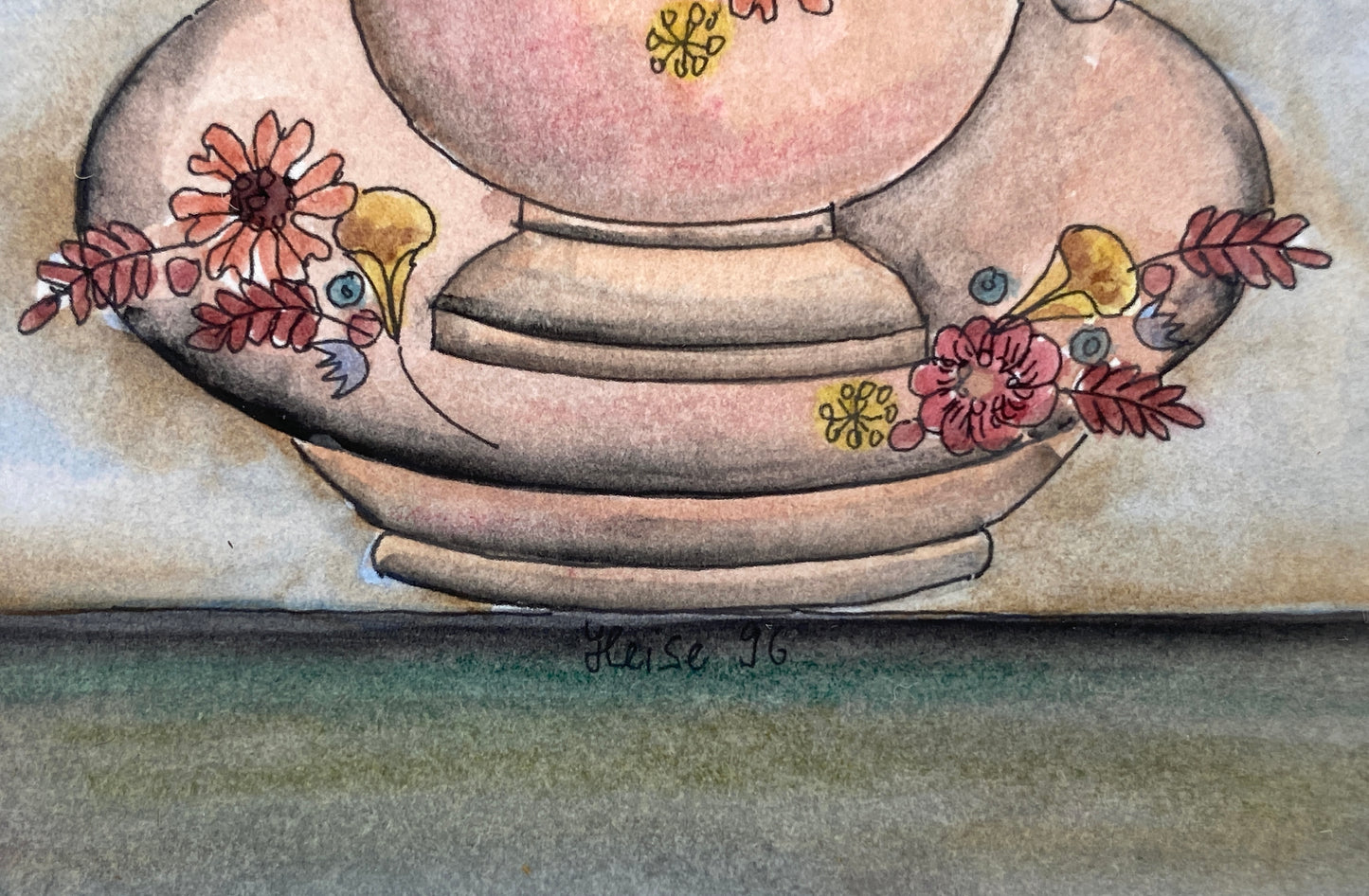 Gerahmtes Aquarellgemälde mit Tuschekonturen "Blumentässchen" von Hannelore Heise, 1996