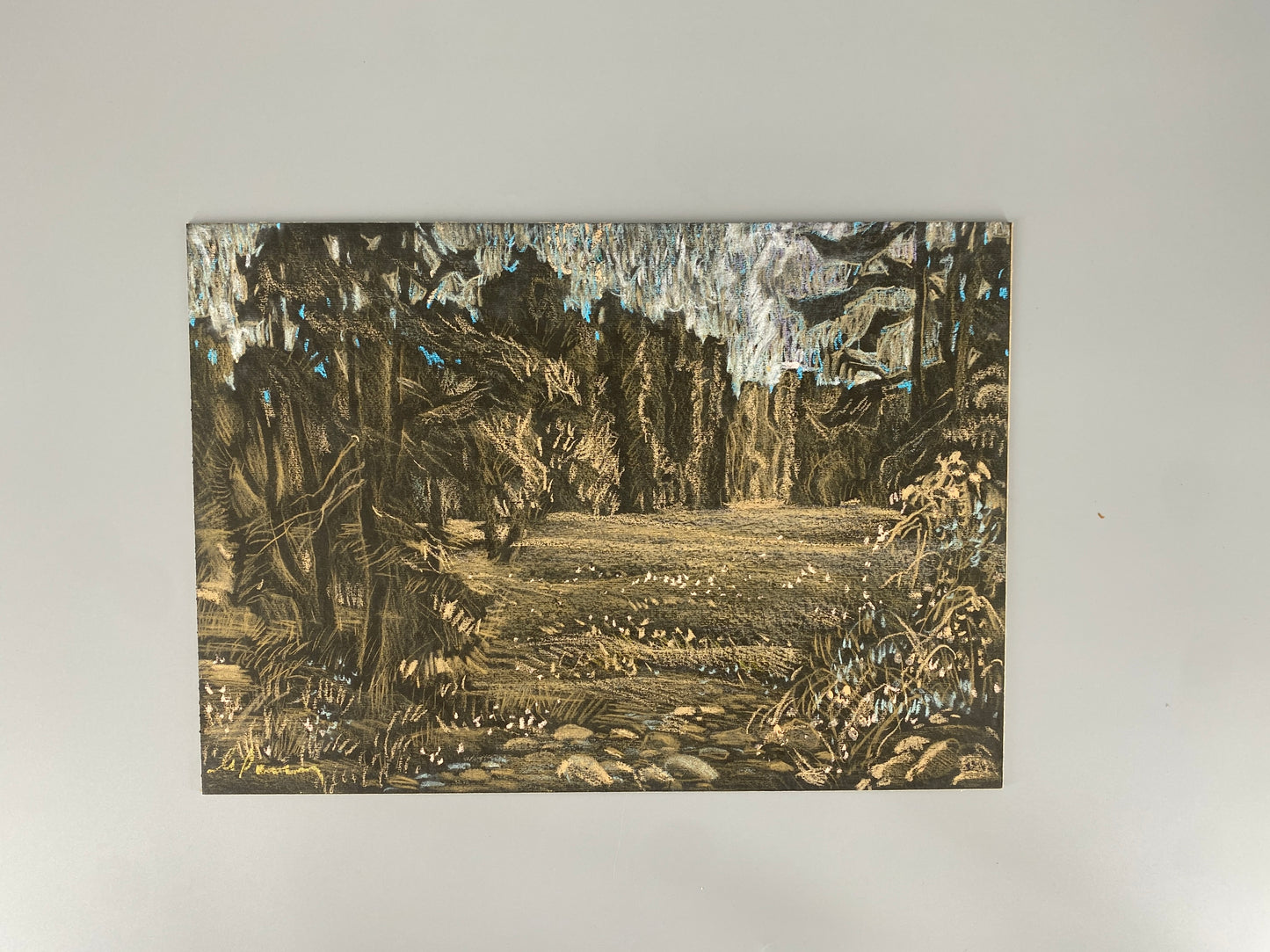 Wachsmalstift-Gemälde, Waldlichtung bei Nacht