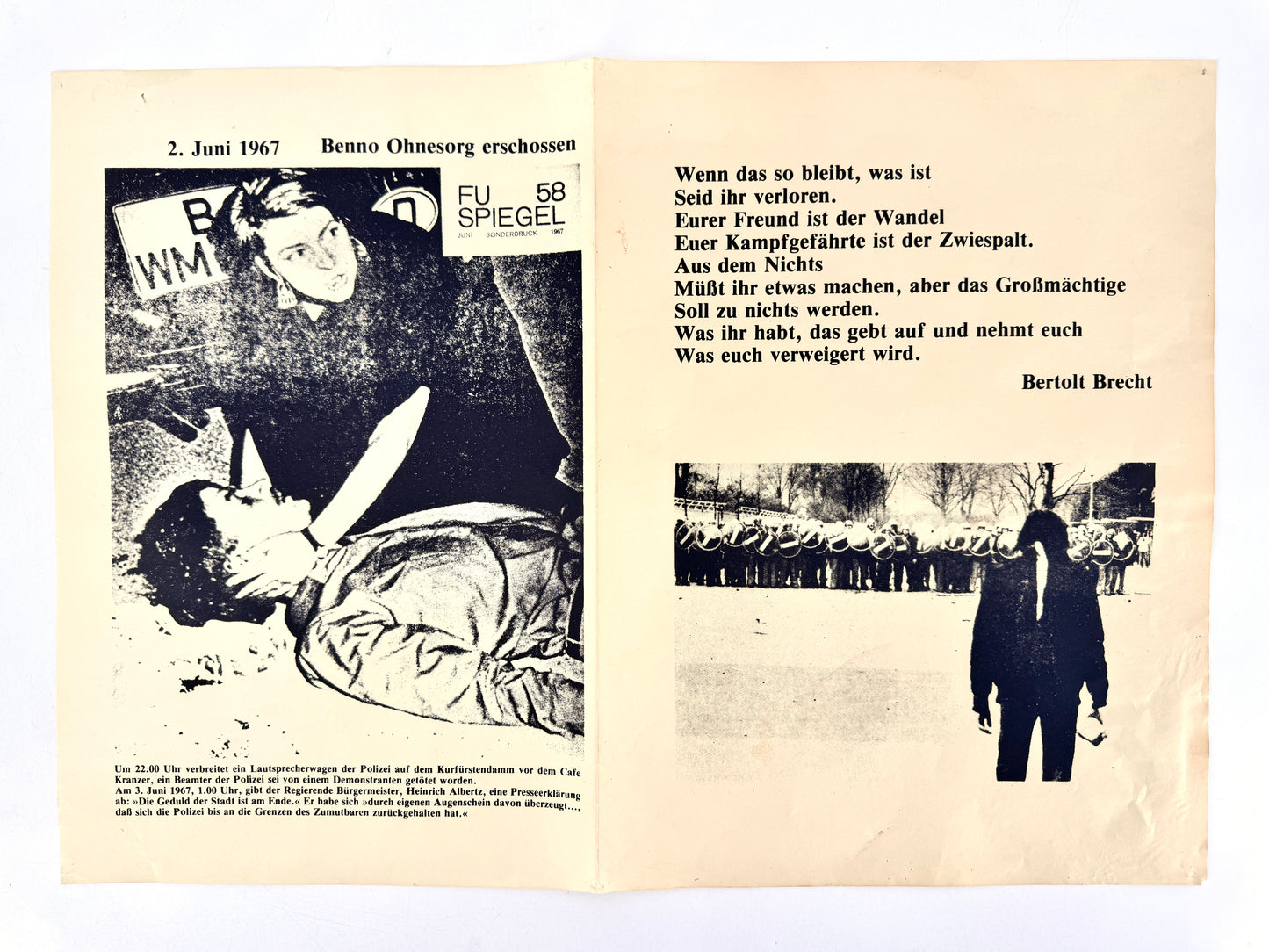 Poster, "Benno Ohnesorg erschossen", Gedicht von Berthold Brecht