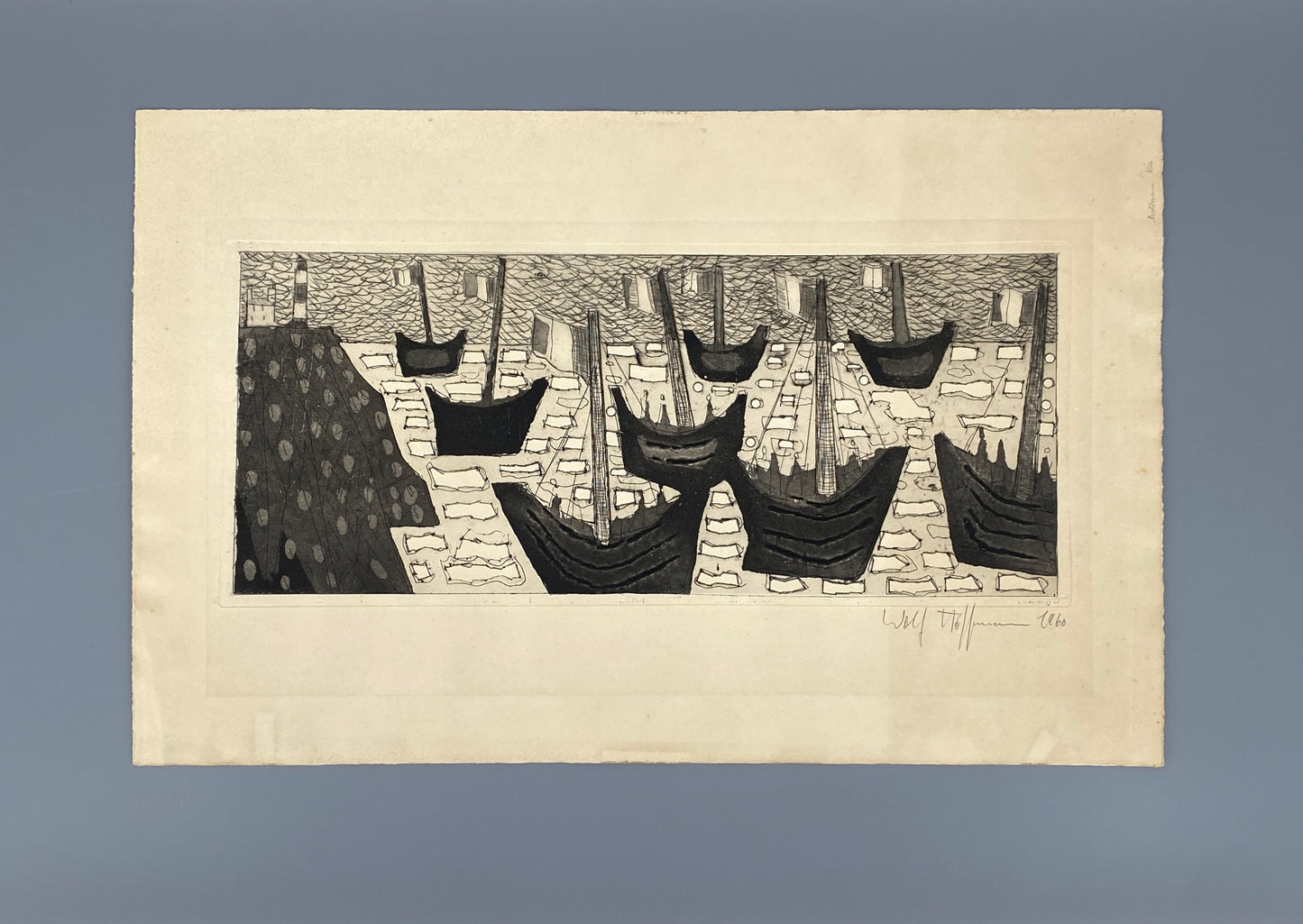 Aquatinta-Radierung "Schiffe" mit Prägedruck von Wolf Hoffmann (1898–1979), Edition der Griffelkunst-Vereinigung, Hamburg 1960