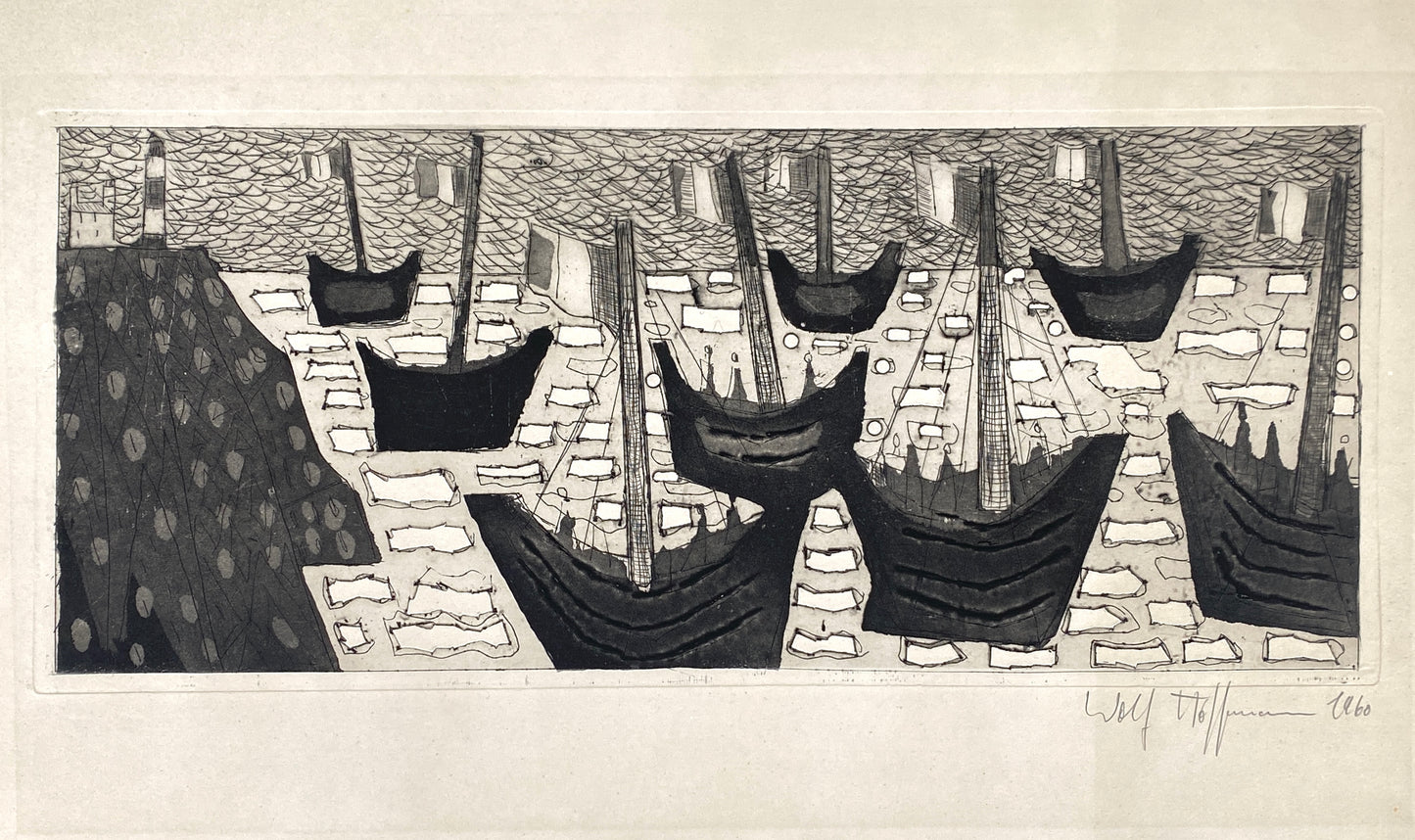 Aquatinta-Radierung "Schiffe" mit Prägedruck von Wolf Hoffmann (1898–1979), Edition der Griffelkunst-Vereinigung, Hamburg 1960