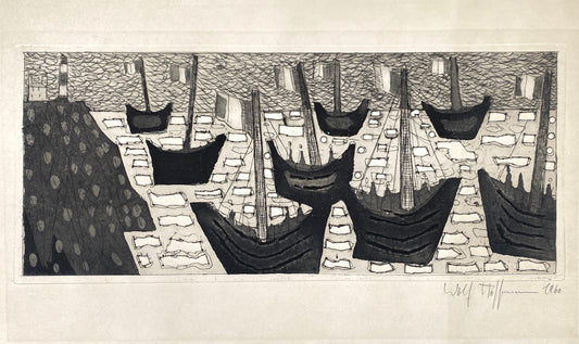 Aquatinta-Radierung "Schiffe" mit Prägedruck von Wolf Hoffmann (1898–1979), Edition der Griffelkunst-Vereinigung, Hamburg 1960