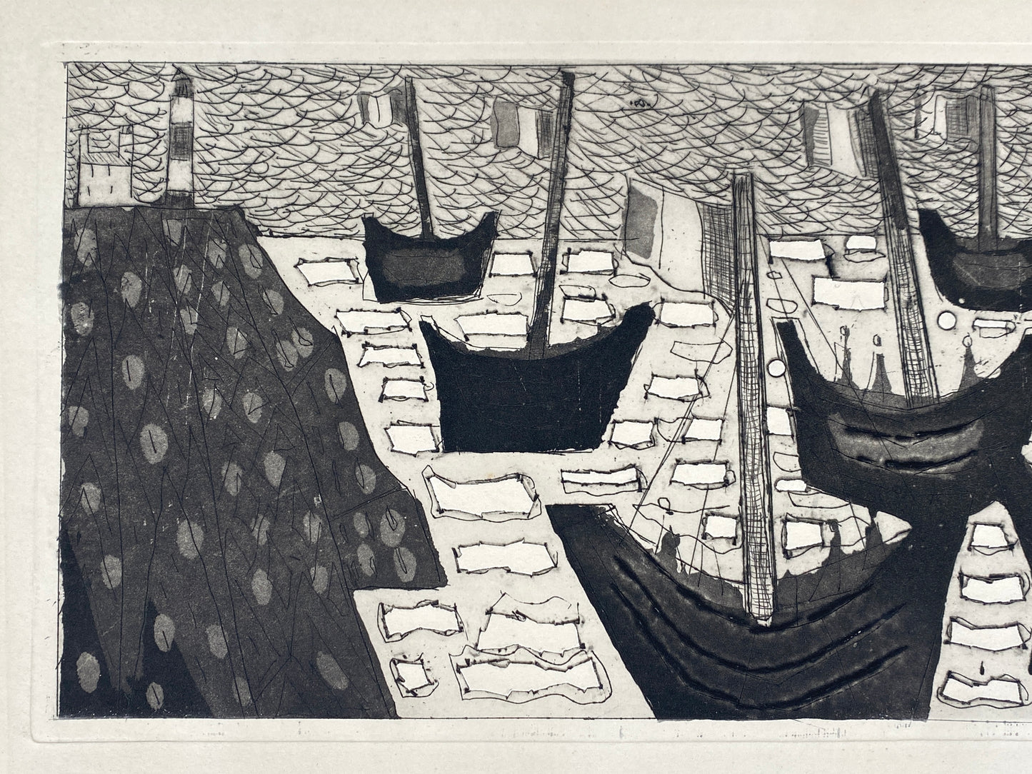 Aquatinta-Radierung "Schiffe" mit Prägedruck von Wolf Hoffmann (1898–1979), Edition der Griffelkunst-Vereinigung, Hamburg 1960