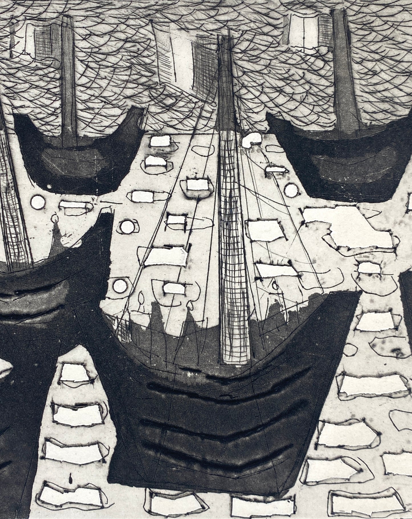 Aquatinta-Radierung "Schiffe" mit Prägedruck von Wolf Hoffmann (1898–1979), Edition der Griffelkunst-Vereinigung, Hamburg 1960