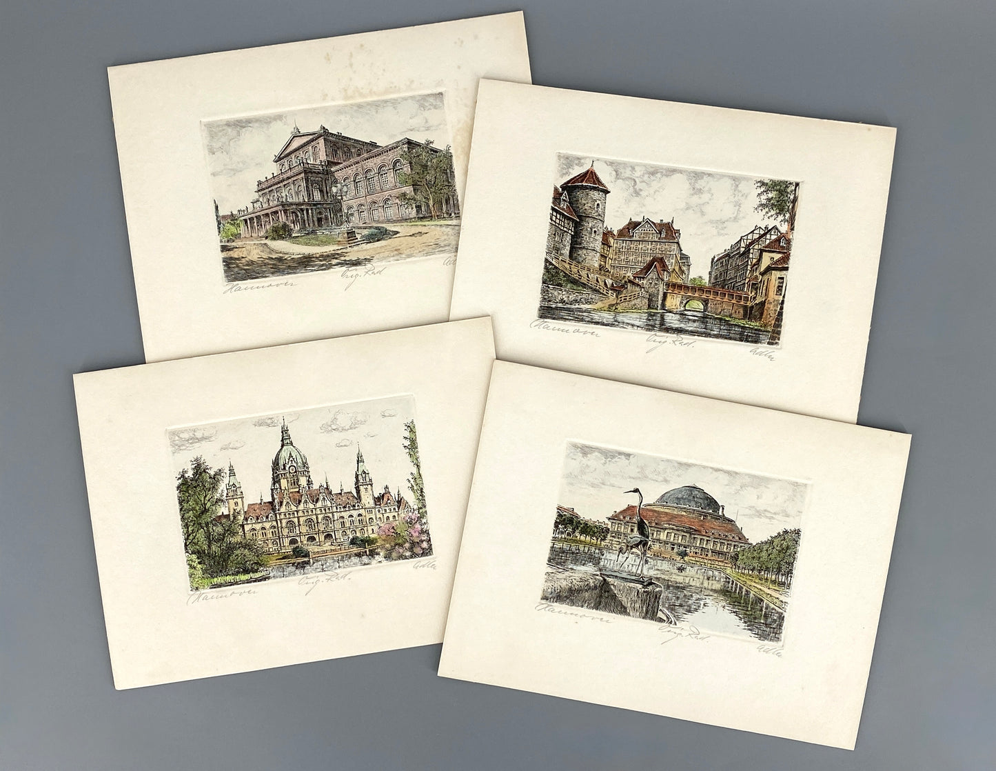 Vier handsignierte und kolorierte Radierungen "Hannover" von Richard Adler (1907–1977)