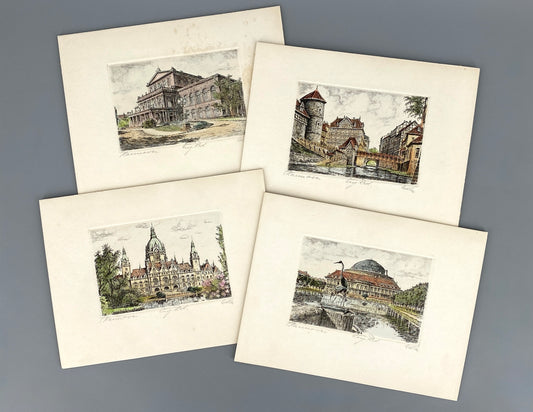 Vier handsignierte und kolorierte Radierungen "Hannover" von Richard Adler (1907–1977)