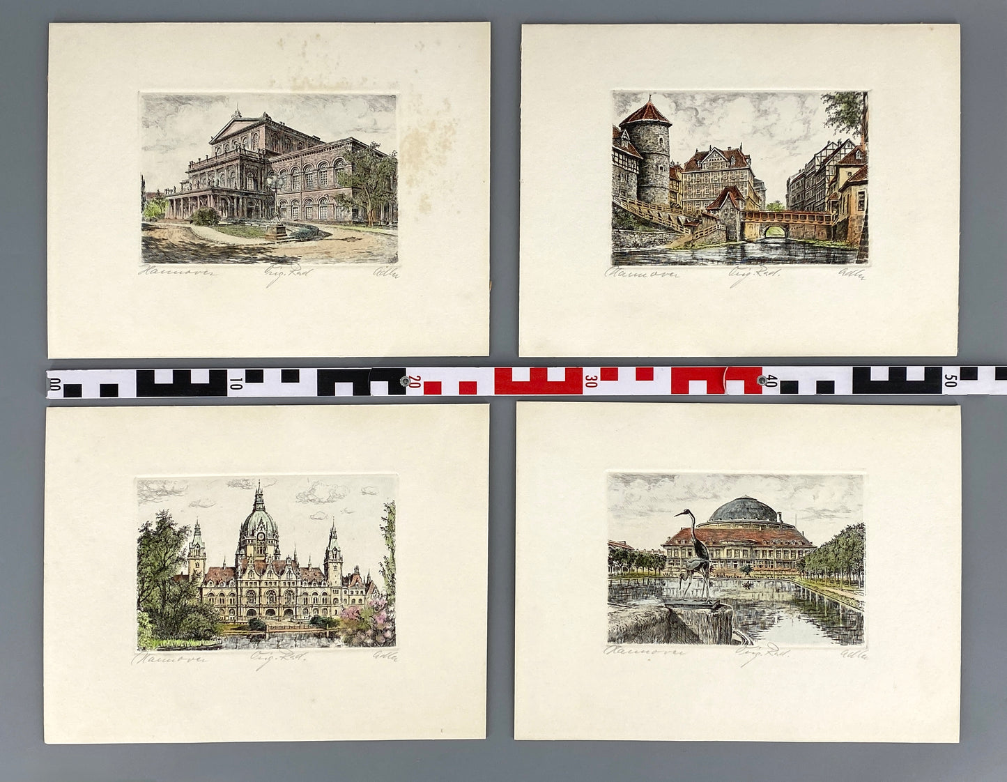Vier handsignierte und kolorierte Radierungen "Hannover" von Richard Adler (1907–1977)