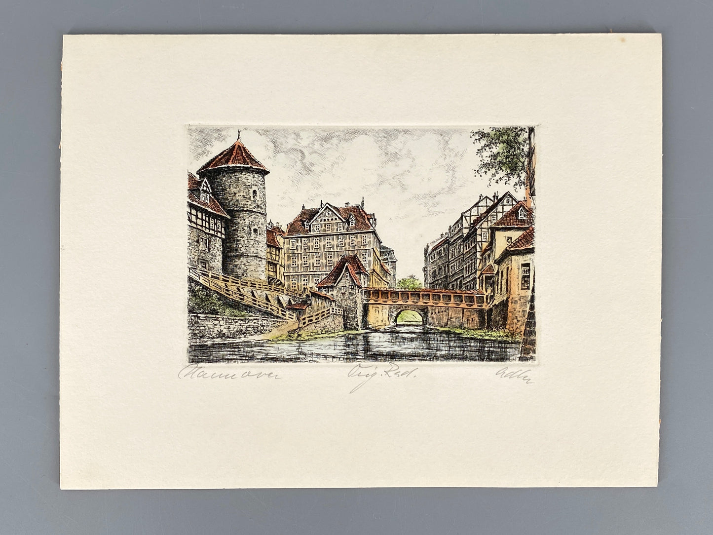 Vier handsignierte und kolorierte Radierungen "Hannover" von Richard Adler (1907–1977)