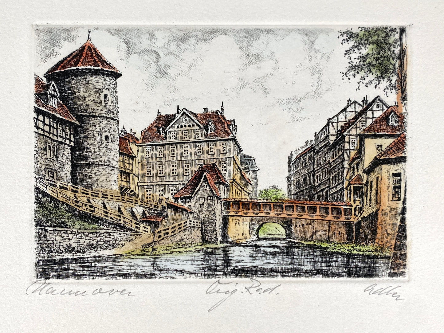 Vier handsignierte und kolorierte Radierungen "Hannover" von Richard Adler (1907–1977)