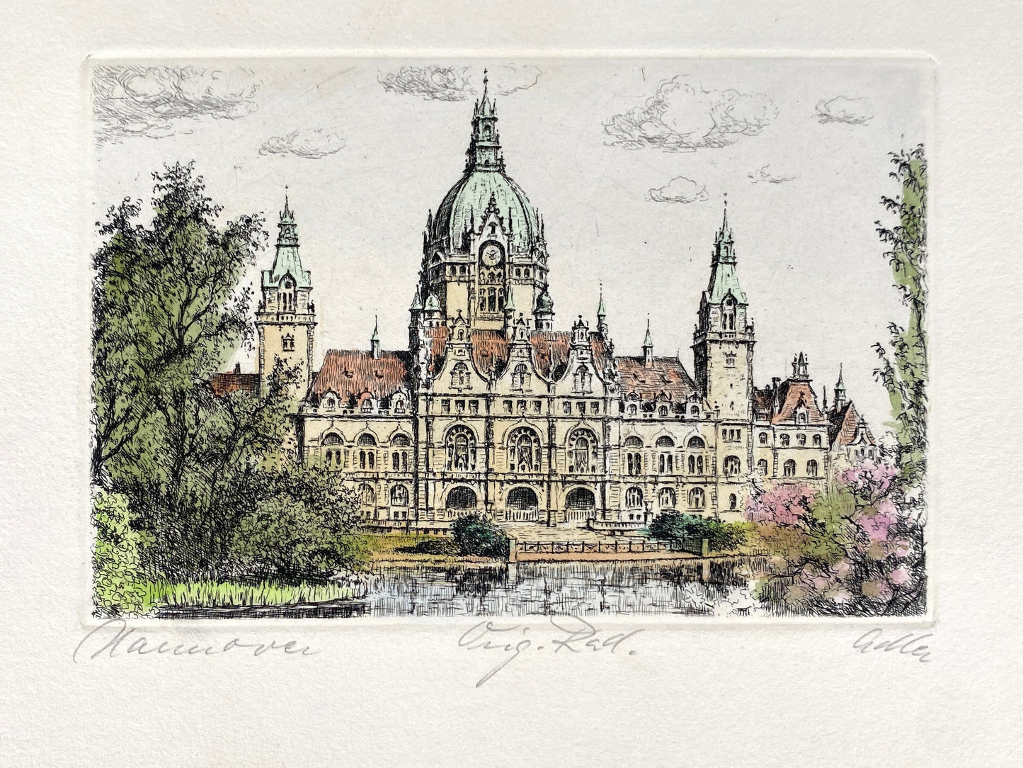Vier handsignierte und kolorierte Radierungen "Hannover" von Richard Adler (1907–1977)