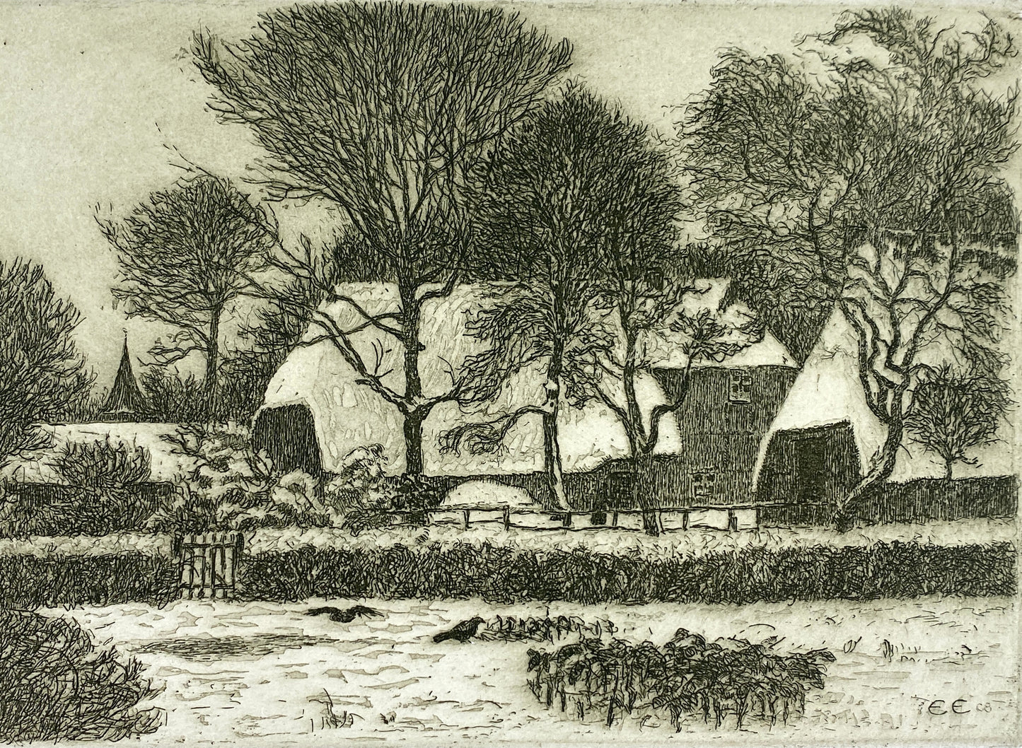 Radierung "Dorf im Schnee" mit Plattenton von Ernst Eitner (1867–1955), Druckplatte aus dem Jahr 1908, Edition der Griffelkunst-Vereinigung, Hamburg 1968