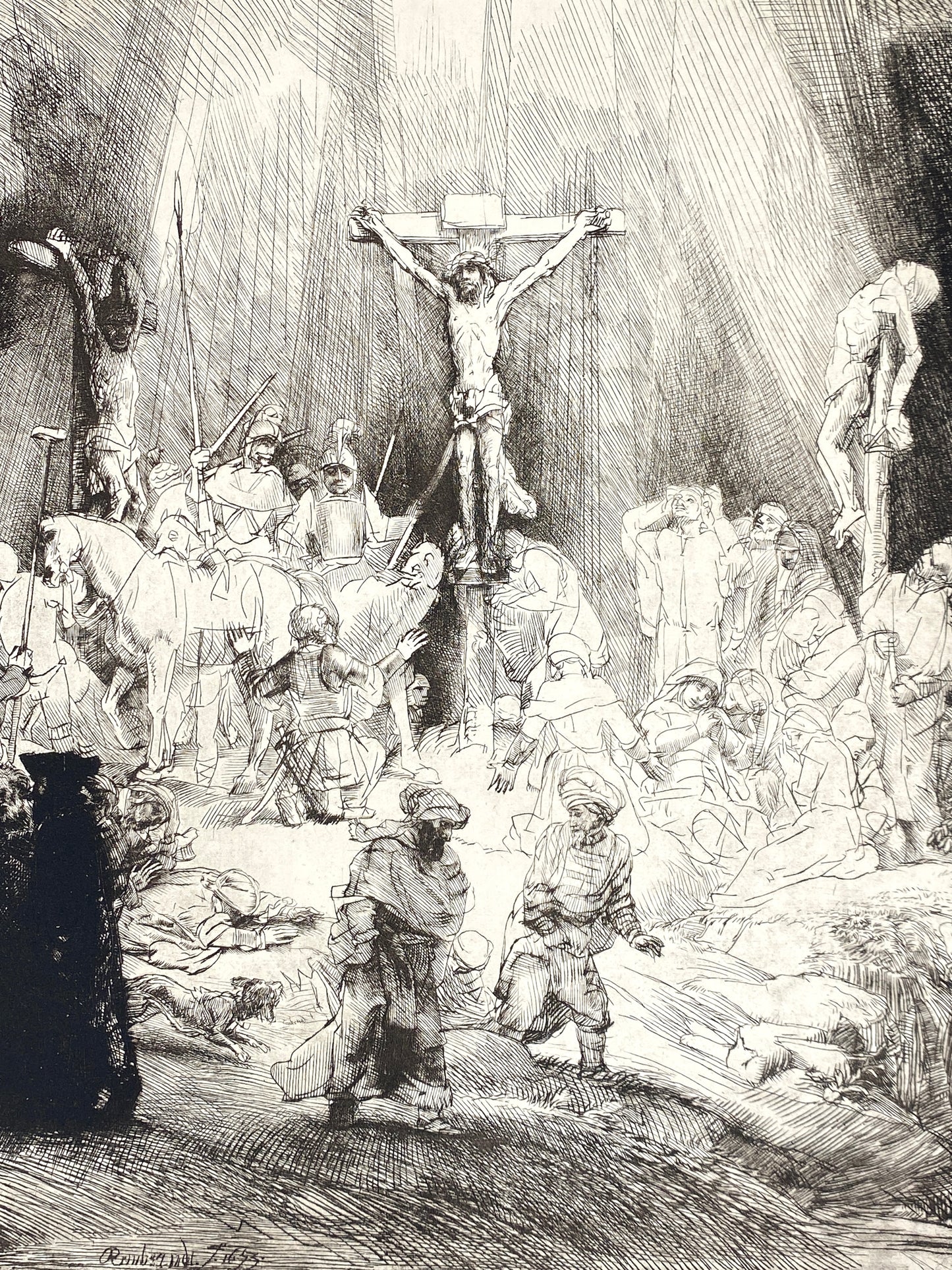 Kupferstich "Die drei Kreuze" von Rembrandt van Rijn (1653), Faksimile der Bundesdruckerei Berlin