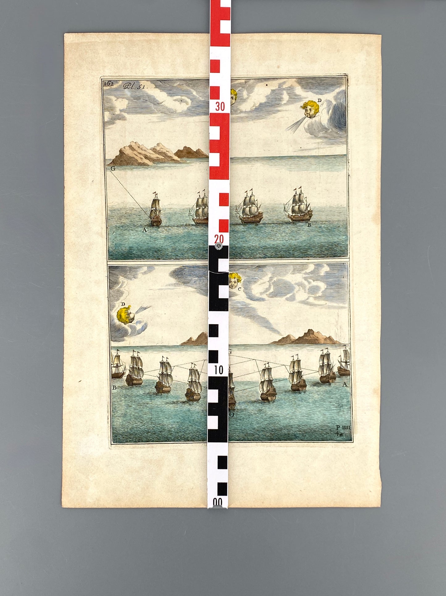 Altkolorierter Kupferstich aus dem Buch von Paul Hoste (Die Kunst der Seestreitkräfte oder Abhandlung über Seeschlachten), gedruckt im 18. Jahrhundert