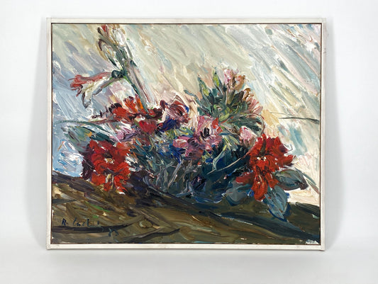 Ölgemälde "Amaryllen und Tulpen und Lilien" von Roland Ladwig auf Leinwand, 1987