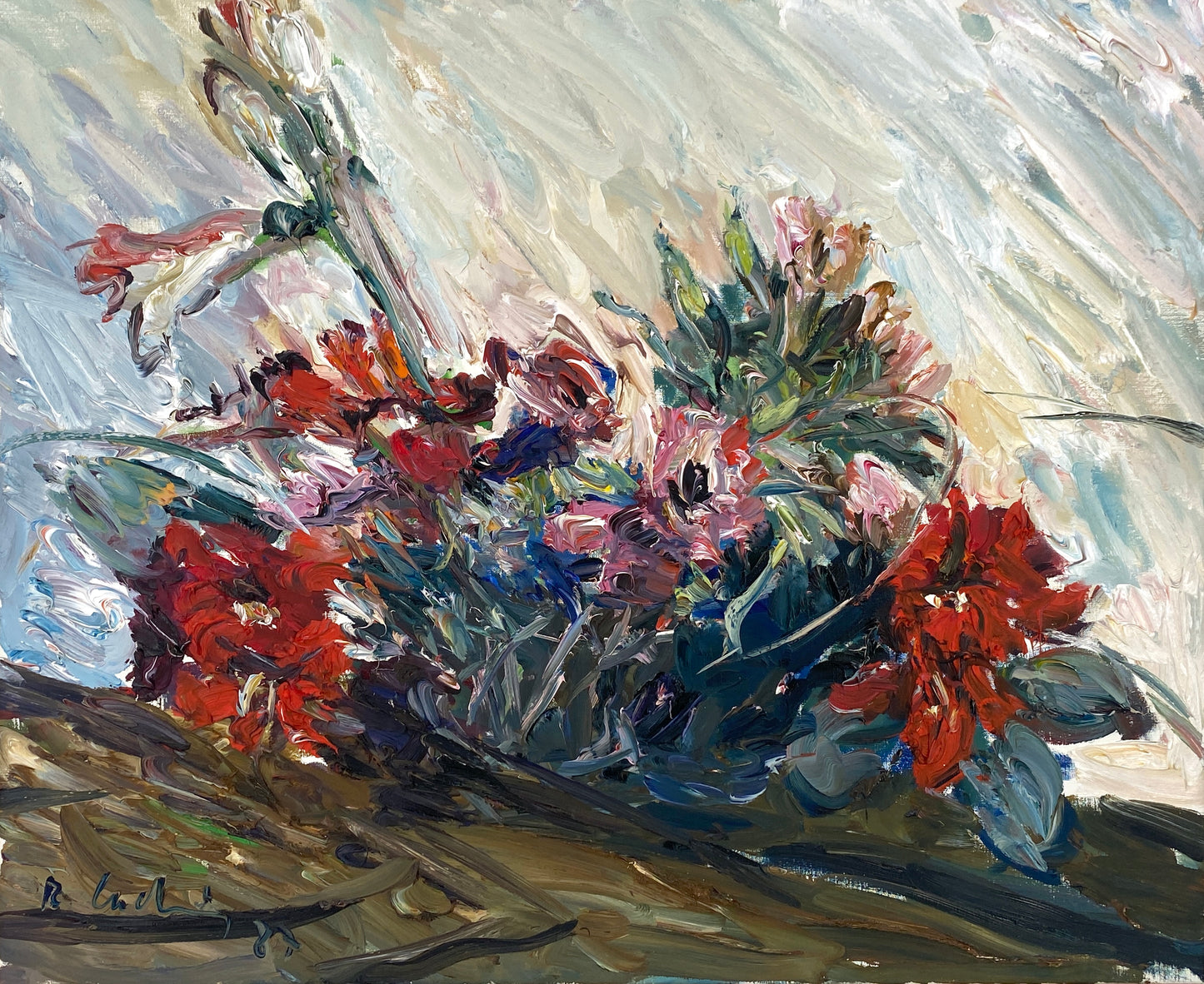 Ölgemälde "Amaryllen und Tulpen und Lilien" von Roland Ladwig auf Leinwand, 1987