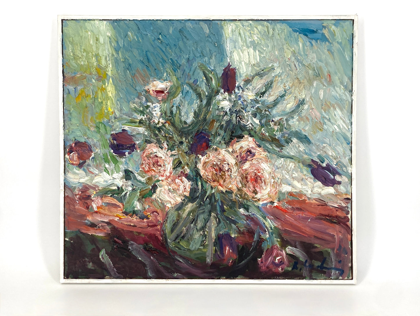 Ölgemälde "Blumenstrauß in Glasvase" von Roland Ladwig auf Leinwand, 1980-1991