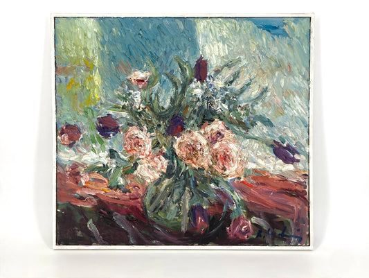 Ölgemälde "Blumenstrauß in Glasvase" von Roland Ladwig auf Leinwand, 1980-1991