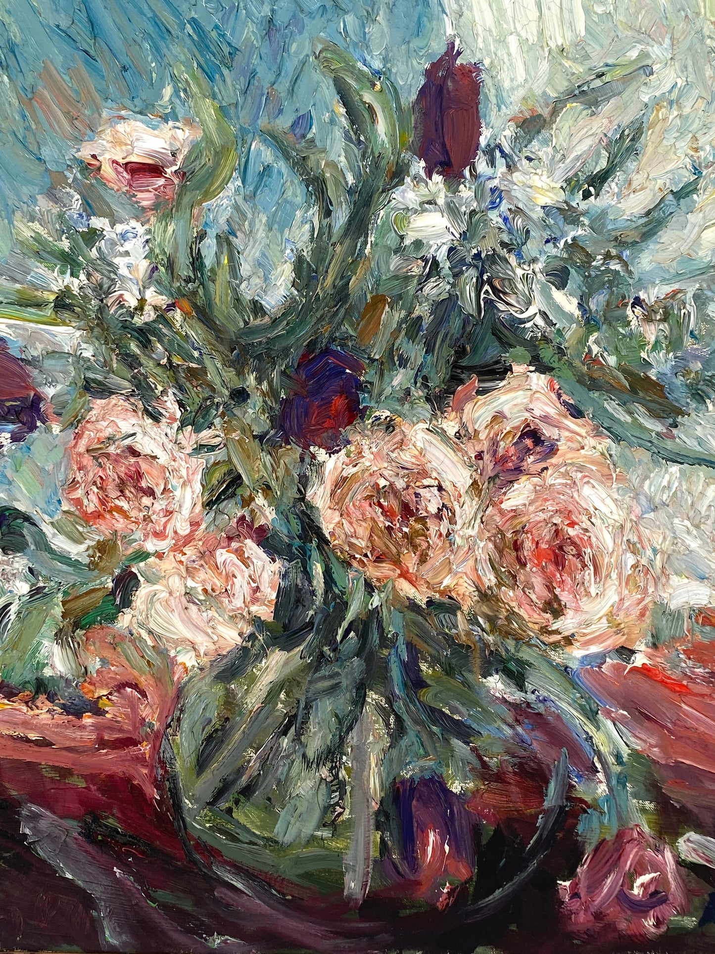 Ölgemälde "Blumenstrauß in Glasvase" von Roland Ladwig auf Leinwand, 1980-1991
