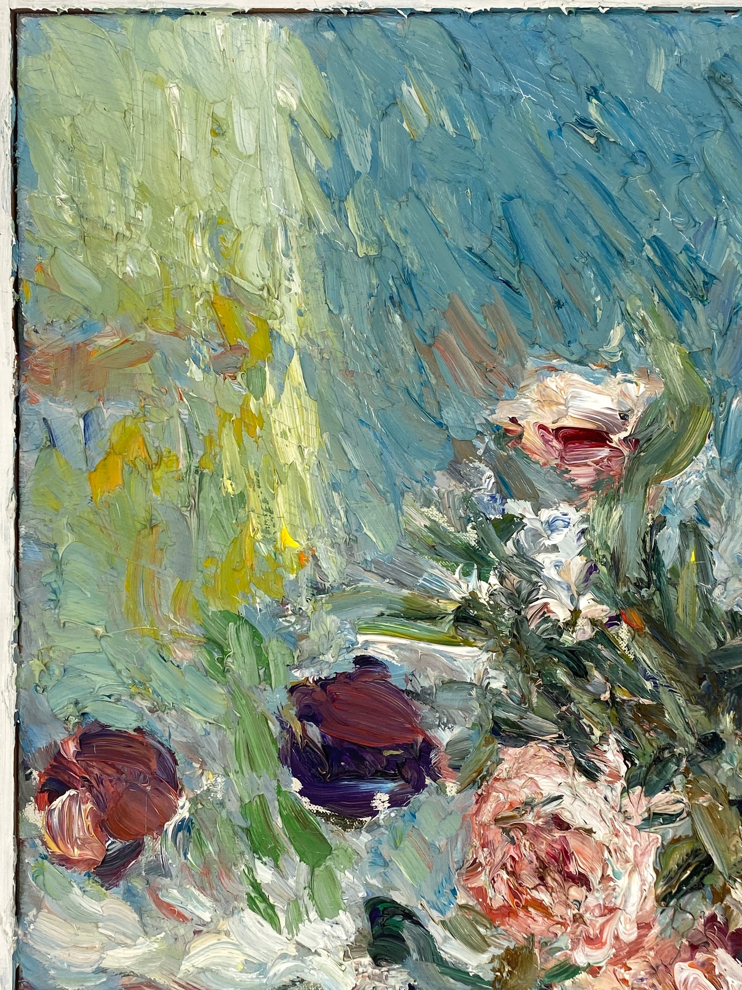 Ölgemälde "Blumenstrauß in Glasvase" von Roland Ladwig auf Leinwand, 1980-1991