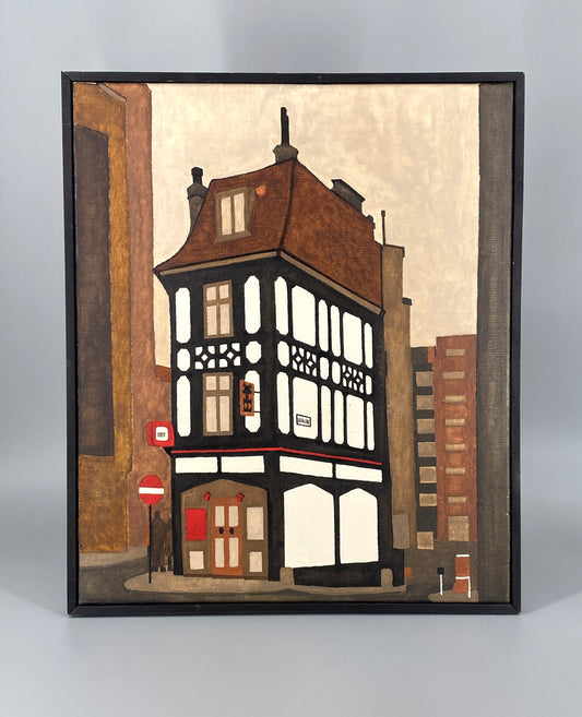 Acrylgemälde "London Pub" von Hetzel im Stil des Magischen Realismus, 1972