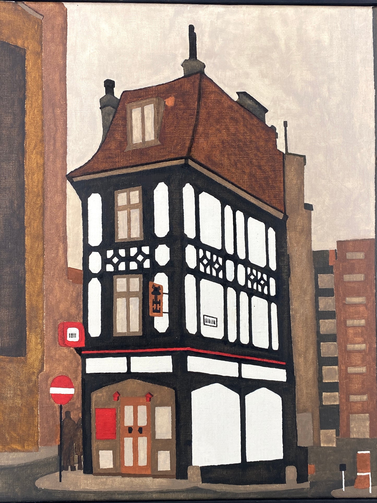 Acrylgemälde "London Pub" von Hetzel im Stil des Magischen Realismus, 1972
