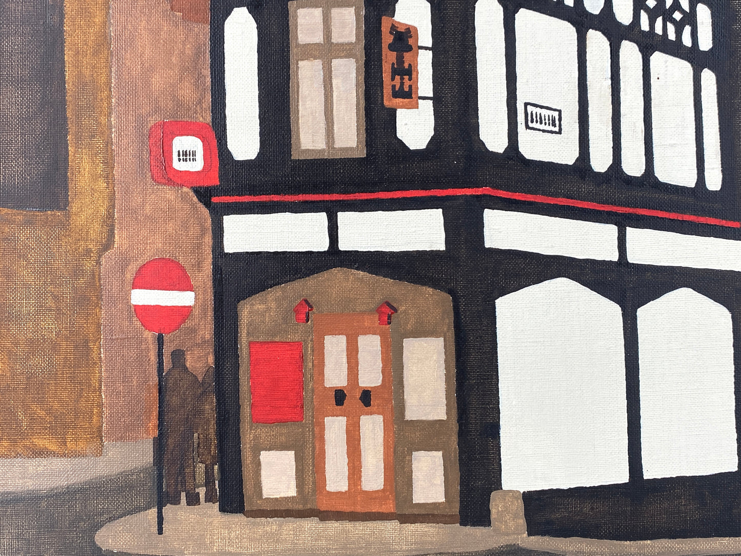 Acrylgemälde "London Pub" von Hetzel im Stil des Magischen Realismus, 1972