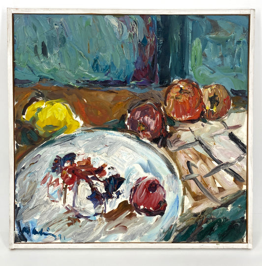 Ölgemälde "Weißer Teller, Äpfel" von Roland Ladwig auf Leinwand