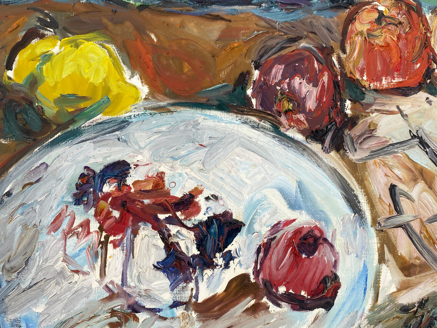 Ölgemälde "Weißer Teller, Äpfel" von Roland Ladwig auf Leinwand