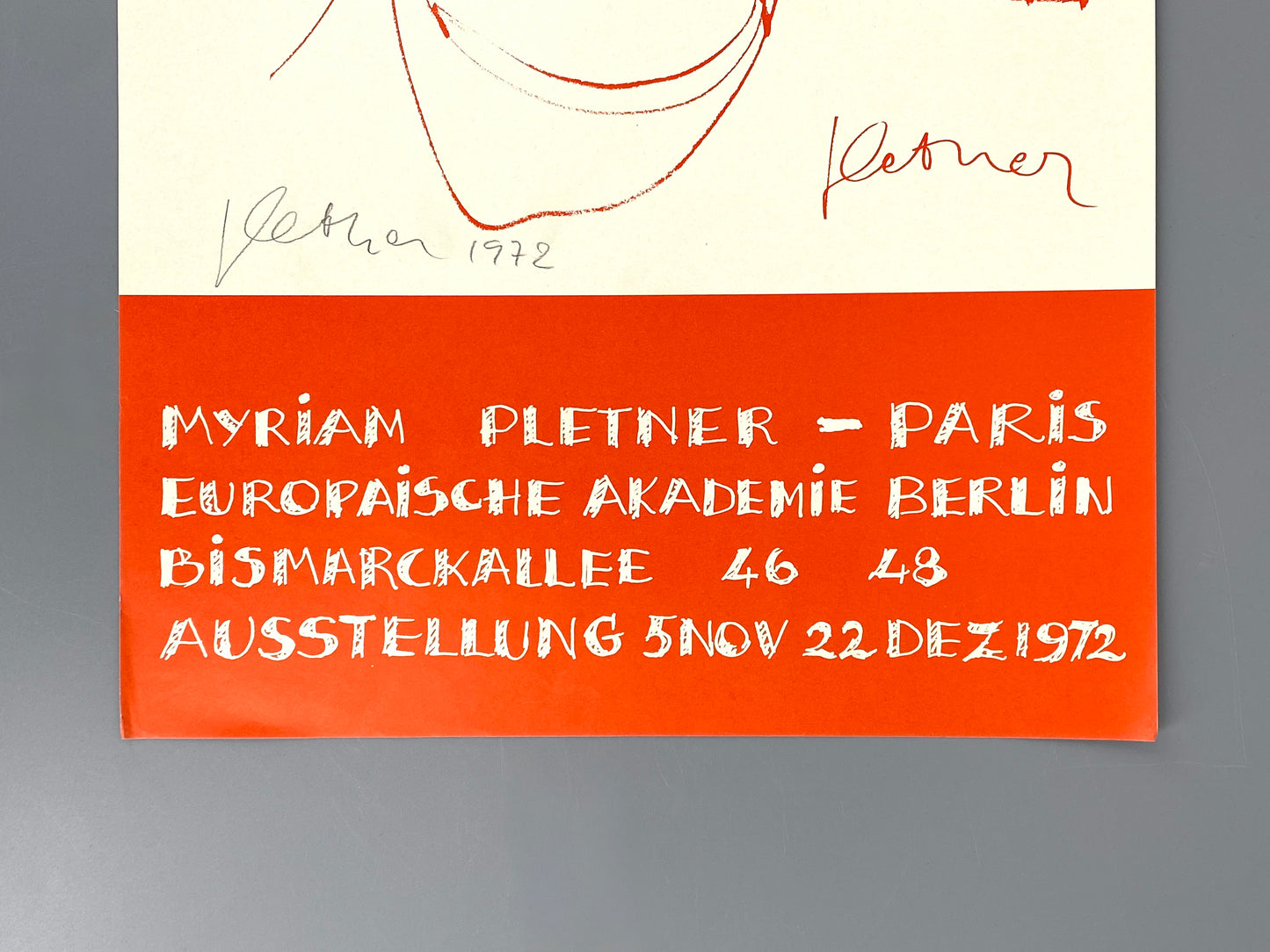 Ausstellungsplakat zur Ausstellung von Myriam Pletner, Berlin 1972, handsigniert von der Künstlerin