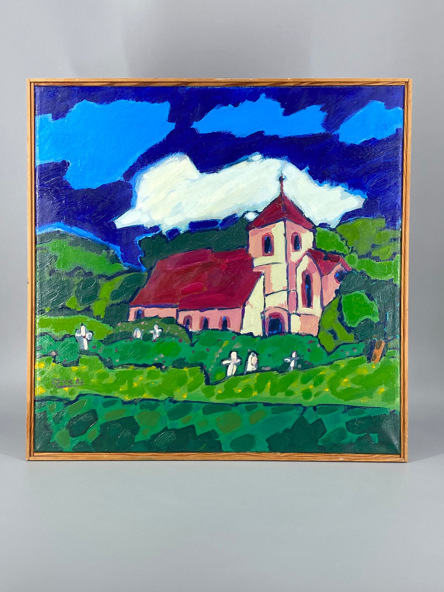Expressives und farbenfrohes Acrylgemälde "Kirche (Weserbergland)" von Dieter Tyspe (1937–1994), 1987