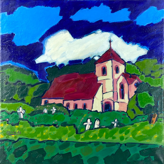 Expressives und farbenfrohes Acrylgemälde "Kirche (Weserbergland)" von Dieter Tyspe (1937–1994), 1987