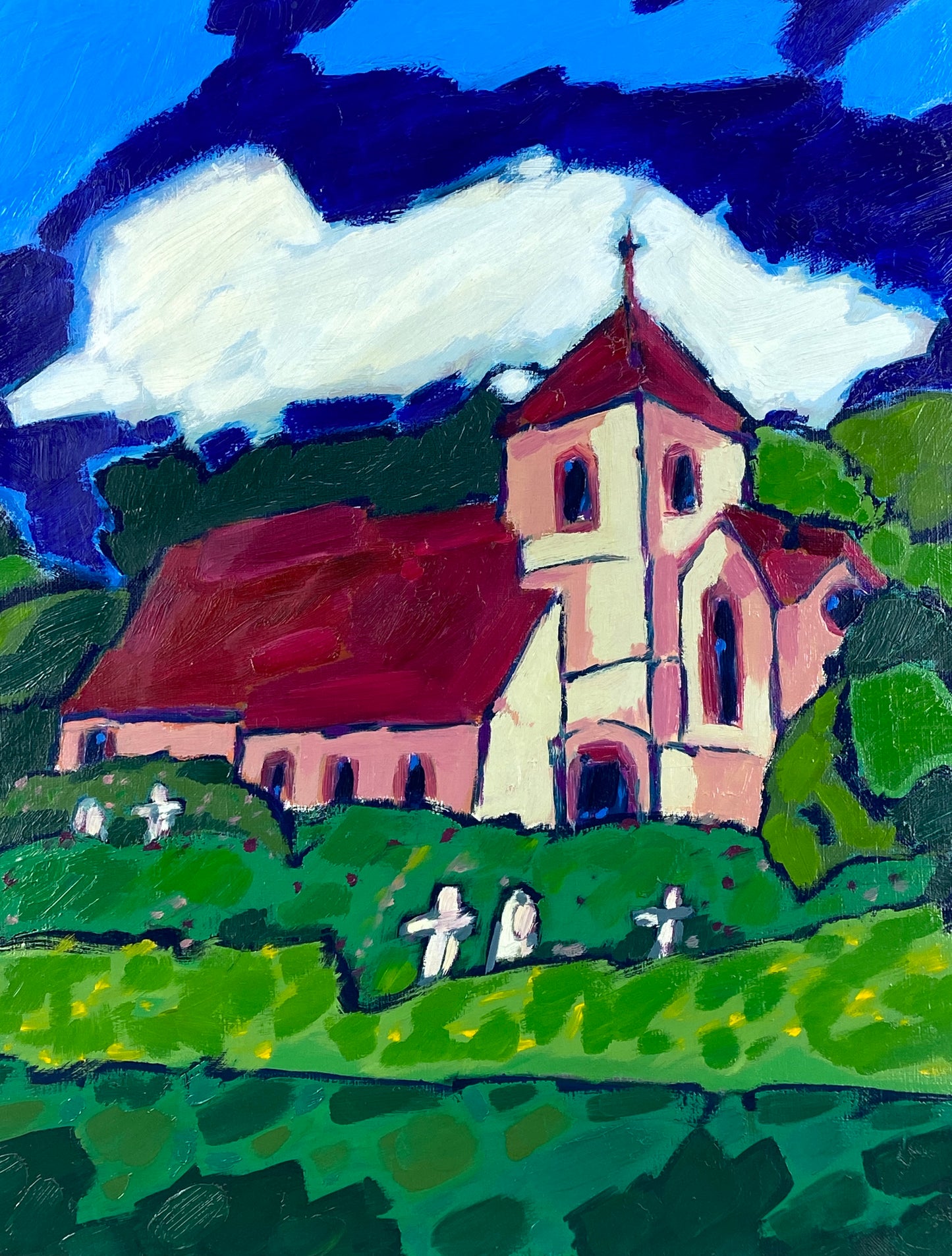 Expressives und farbenfrohes Acrylgemälde "Kirche (Weserbergland)" von Dieter Tyspe (1937–1994), 1987