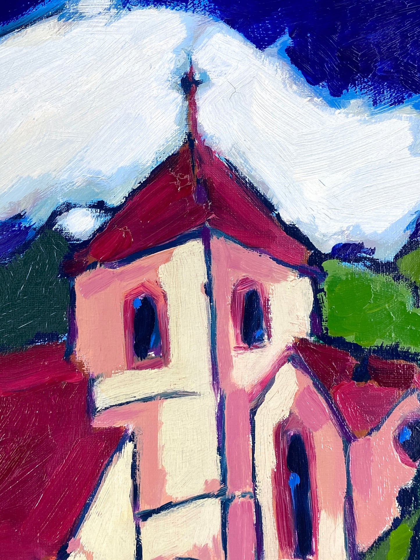 Expressives und farbenfrohes Acrylgemälde "Kirche (Weserbergland)" von Dieter Tyspe (1937–1994), 1987