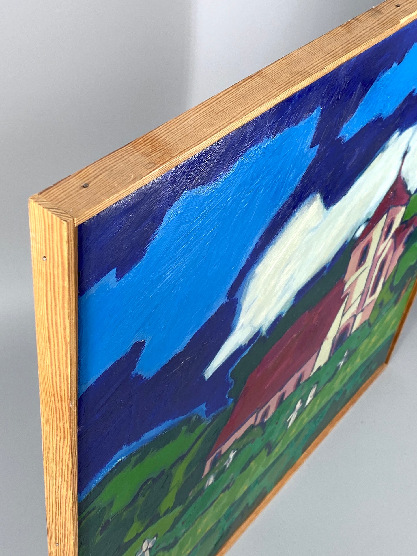 Expressives und farbenfrohes Acrylgemälde "Kirche (Weserbergland)" von Dieter Tyspe (1937–1994), 1987
